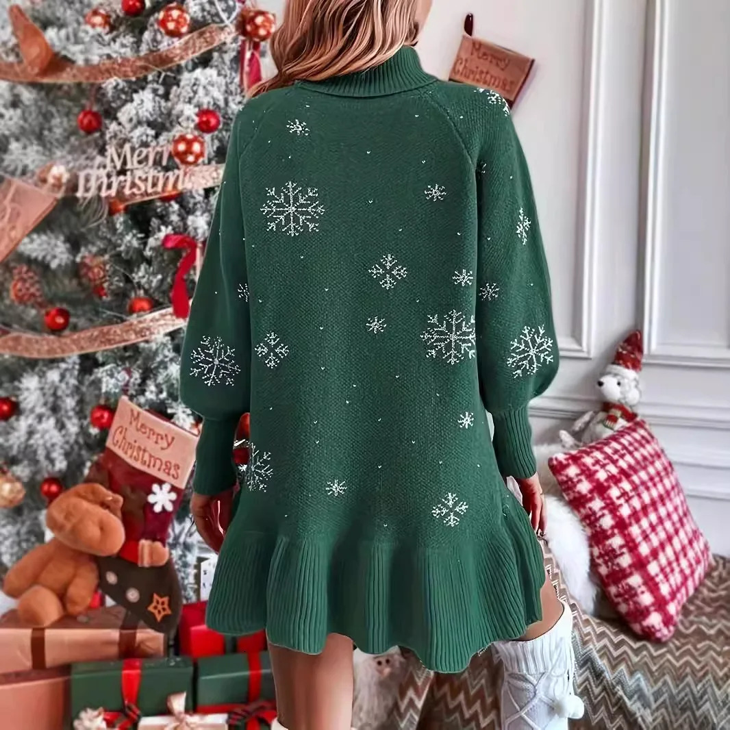 Womens Dress 2025 Spring Christmas Fashionable Snowflake Pattern Printed High Collar Long Sleeve Knitted Mini 241212