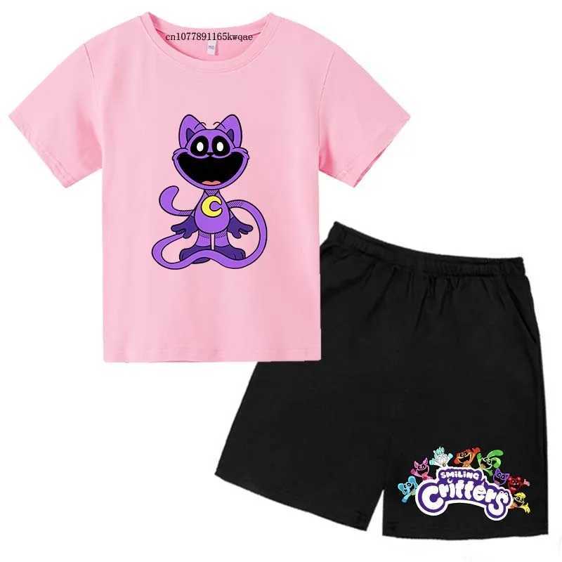 Clothing Sets Smiling Critter Kids Summer Casual Cartoon Print O-neck Tees+Shorts 2pcs Sports Suits 2-13Years Boys Girls Outfits Children Sets H241214