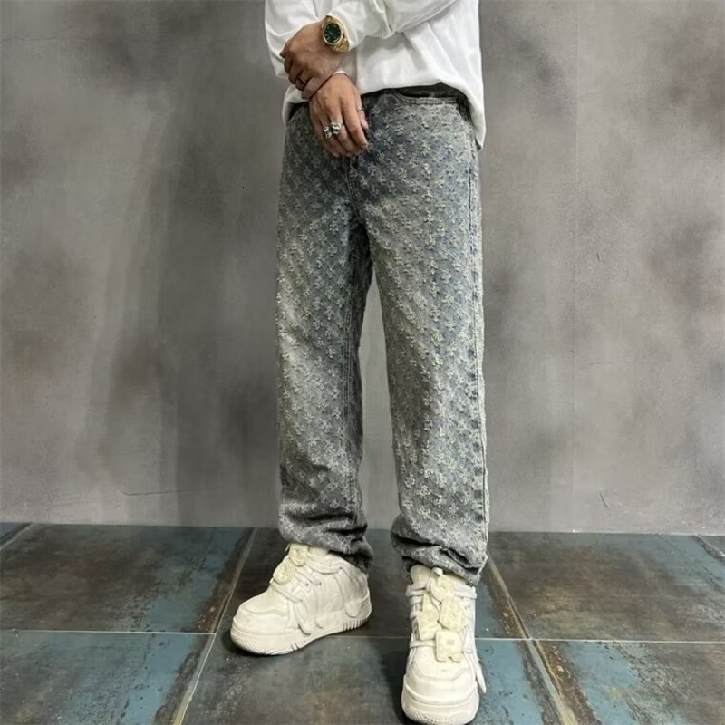 Jacquard All Over High Street Mens 2024 New Straight Lift Pattern Loose Wide Leg Casual Boyfriend Jeans Pants Tide