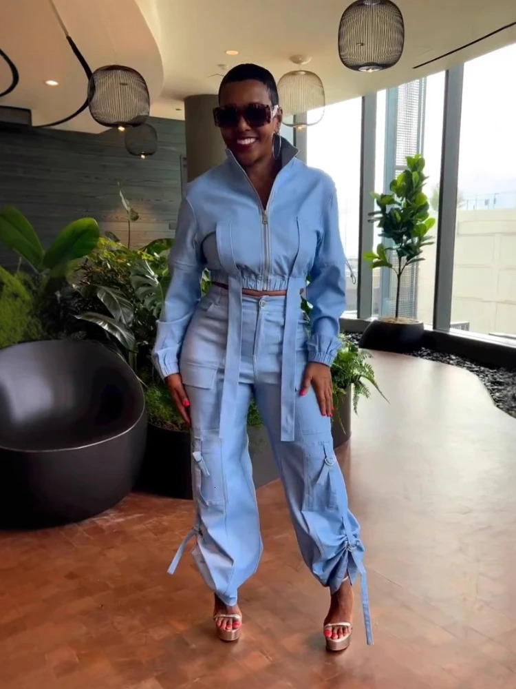 Fashion Women's Long Sleeve Zipper Fly Track And Tie Up Hem Pocket Side Cargo Pants Suit Two 2 Piece Set Outfit