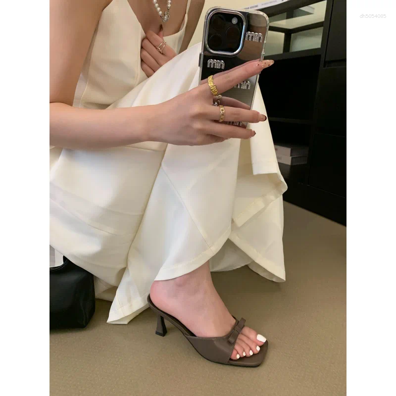 Women's Square Toe Heeled Mules - hot Summer Slippers, Thin Heel, Casual, Rubber Slides, Comfortable