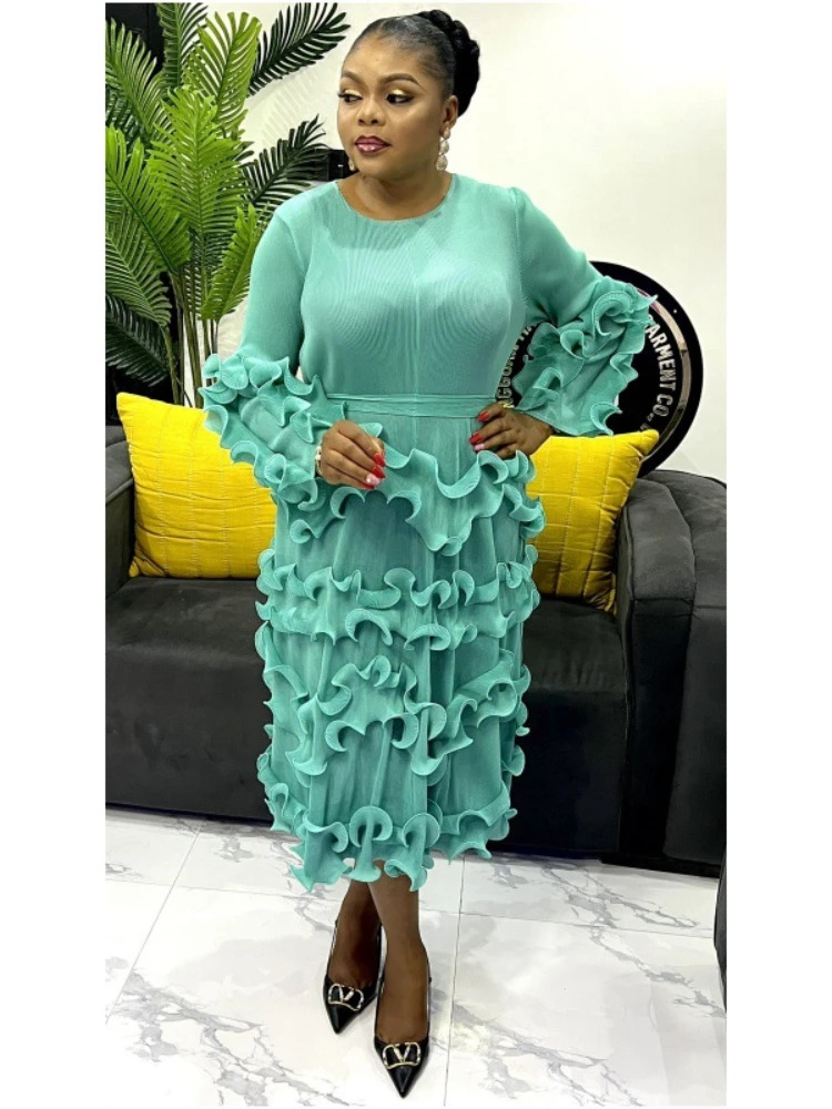 EGRM Belt Pleated Miyake Dress Fashion Round Neck Long Sleeves Fungus Spliced Solid Elegant Dresses For Women New 5Gr2974