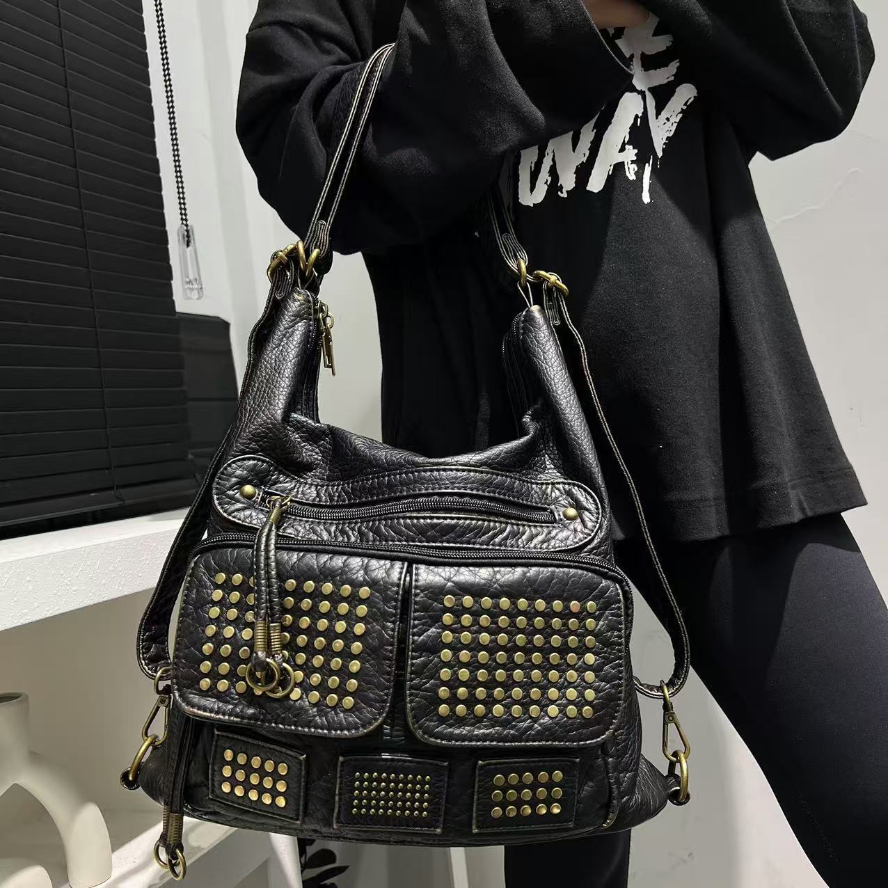 TEMU Women's Fashion Rivet Hot Girl Washed Tote Bag Large Capacity Aging Multi Functional Backpack