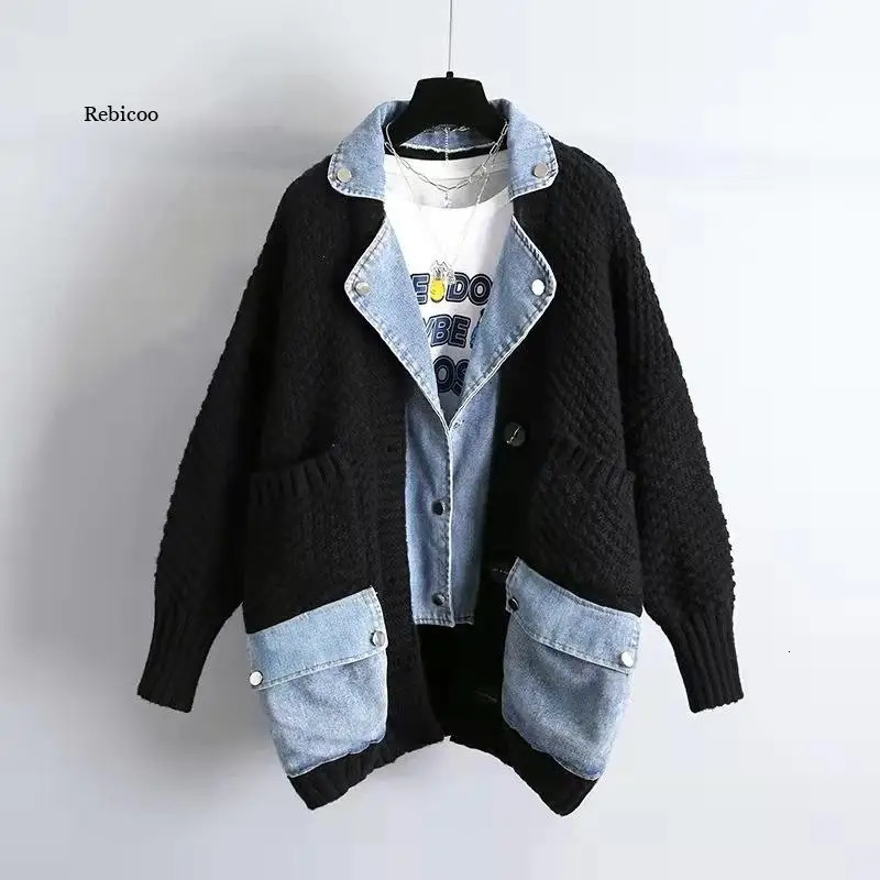 Womens autumn and winter spliced denim jacket womens long sleeved loose sweater cardigan item 241211