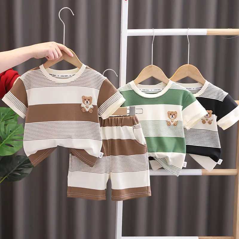 Clothing Sets Summer Children Baby Boys Girls Cotton Clothes Cartoon Bear Strips T-Shirt Shorts Toddler Fashion Clothing Tracksuits 2pcs/Set H241214