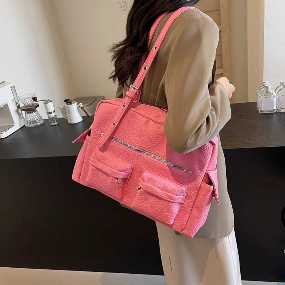 Wen PU Leather Shoder Bag w/ Mti-Pockets Underarm Bag Adjustable Strap Sahel Bag Solid Tote Bag for Work Travel Z250514