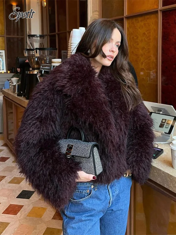Fashion Burgundy Red Warm Lapel Fluffy Faux Fur Coats Womens Long Sleeve Outerwear Winter Elegant Lady Street Cardigan 241211