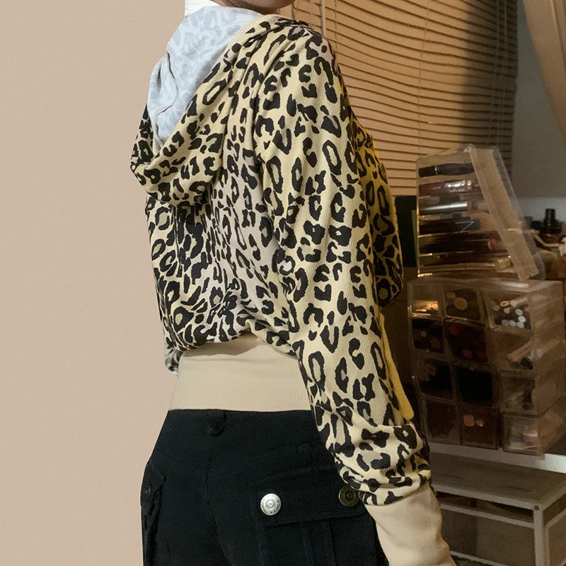 IAMTY leopard print hooded sweatshirt for women contrasting color patch work zipper hooded sweatshirt retro cardigan autumn thin coat Y2K 241214