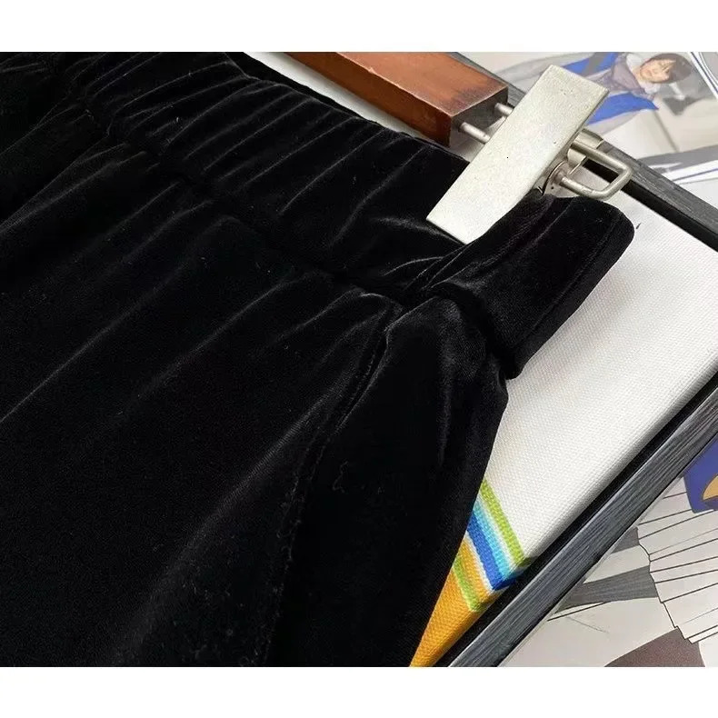 Korean wide leg womens pants high waisted elastic Trousers 2023 bottom retro straight velvet black Pantalon 241212