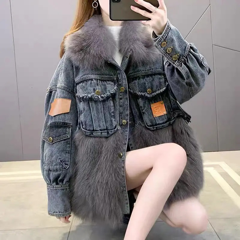 Fur patchwork denim fur coat womens clothing autumn/winter fur one-piece Korean fashion thick loose fur jacket womens top 241210