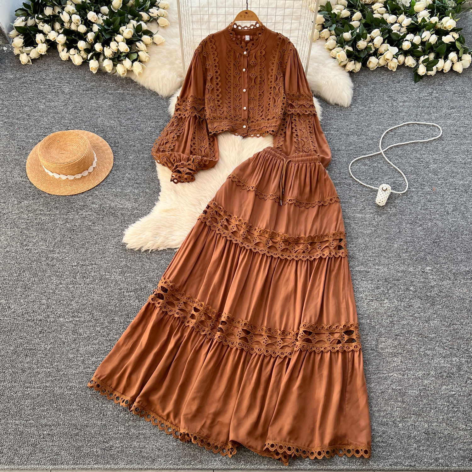 Two Piece Dress 2025 Spring Holiday Hollow Out Embroidery 2 Piece Sets Women Lantern Sleeve Short Loose Shirt Top A-Line Pleated Skirts Suit