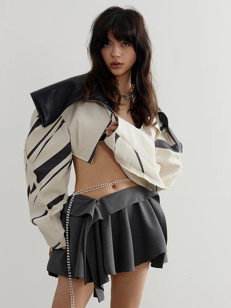 DEAT Fashion Womens Spliced Edge Contrasting Short Jackets Big Lapel Zipper Long Sleeve Short Coat Autumn 1DF6153 241214