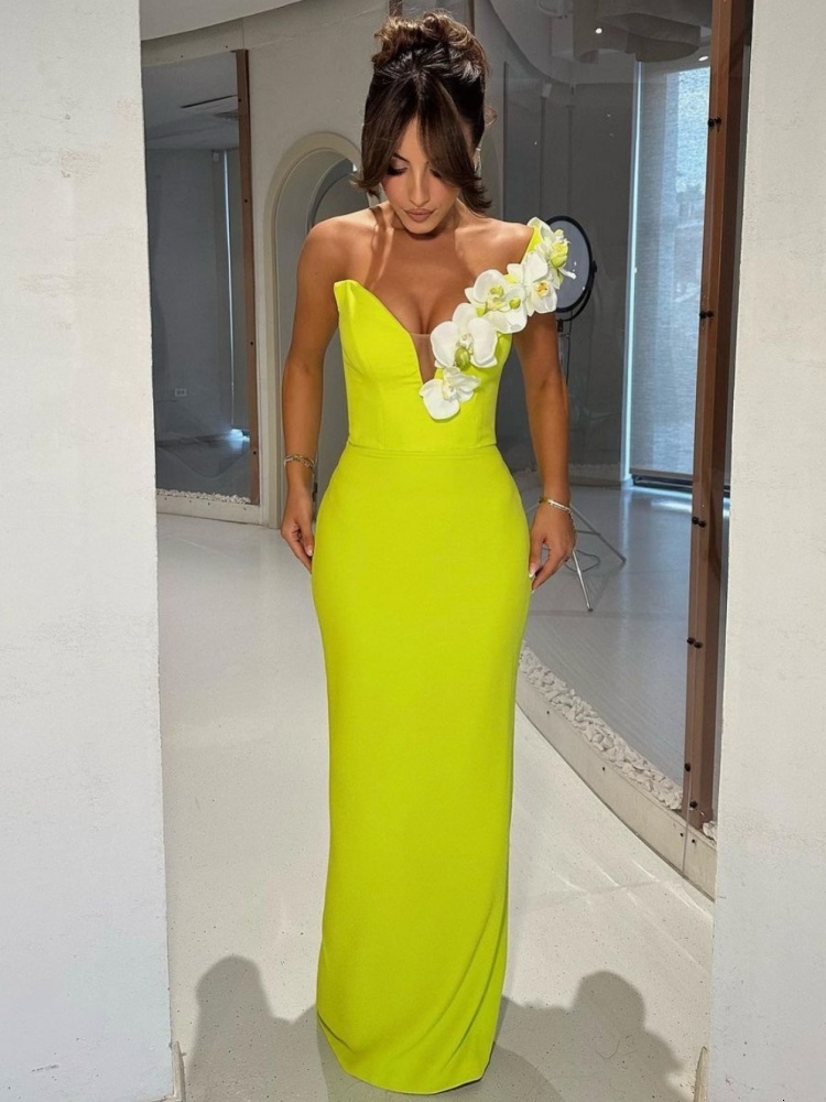 White Moth Orchids One Shoulder Yellow Green Ankle Length Bandage Celebrity Party Evening Dress Woman Voaction Outfit