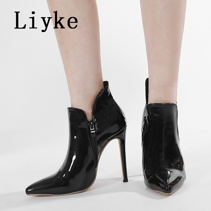 Liyke High Quality Patent Leather Pointed Toe Zip Ankle Boots For Women Spring Autumn Heels Pumps Sexy Party Club Stripper Shoes