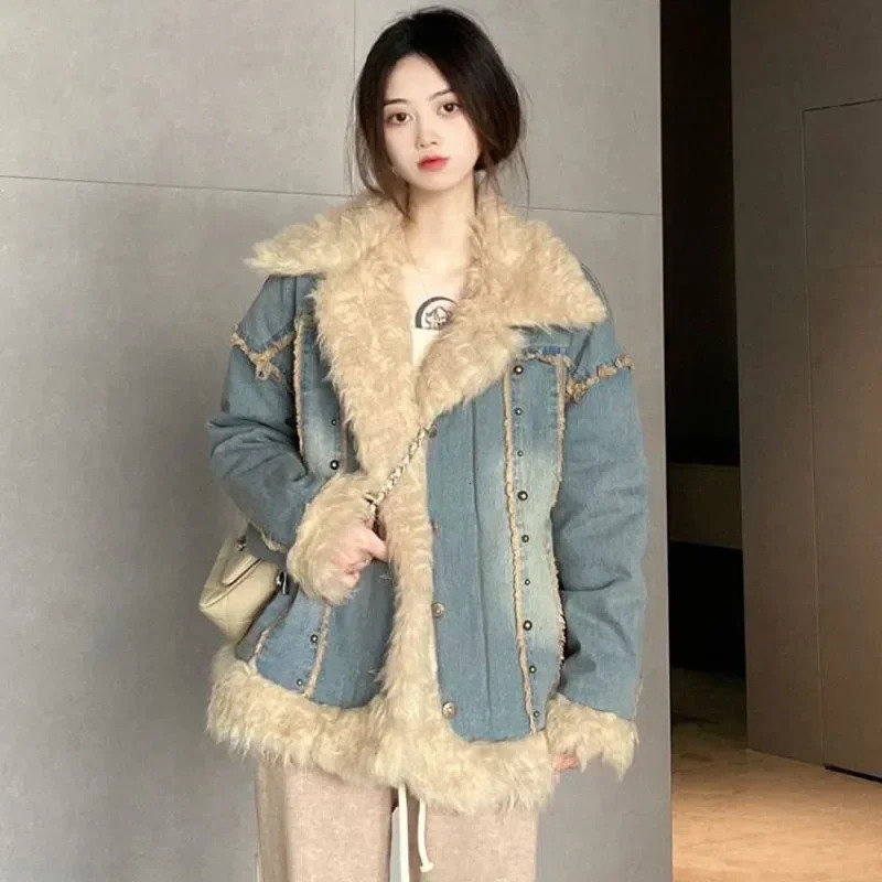 Autumn and Winter Vintage Denim Cashmere Jacket Womens Short Jacket Loose Splicing Thick Wool Cotton Jacket 241210