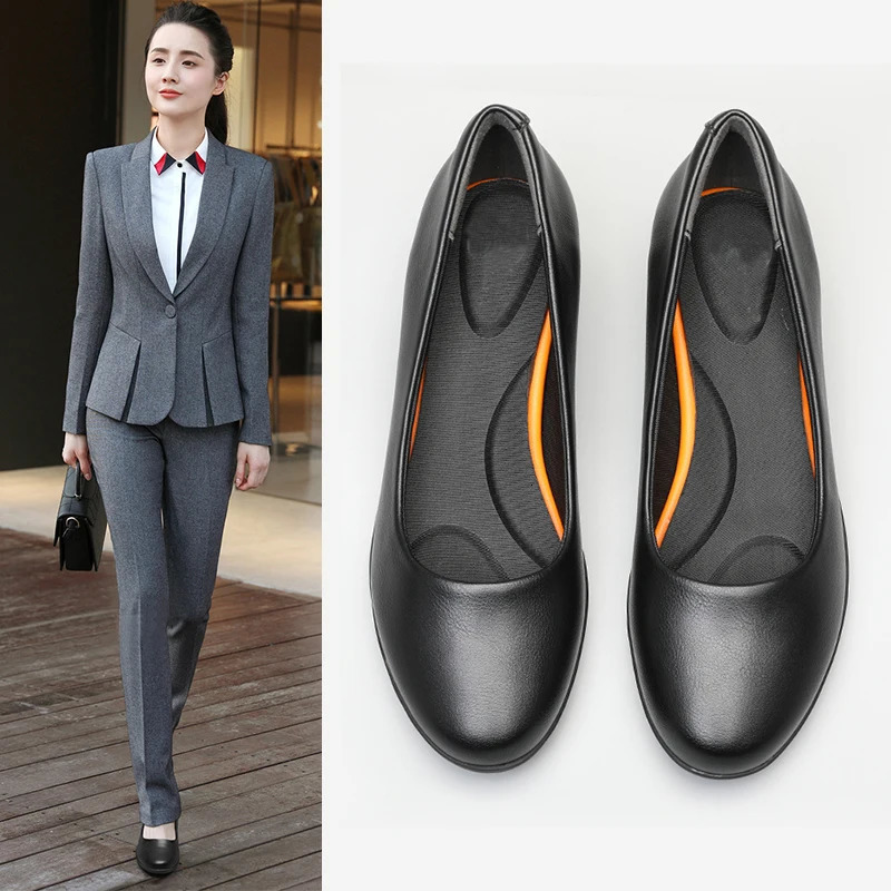 GKTINOO Black Leather Womens Work Shoes Pumps Thick Heels Round Head Shoes Soft Sole Professional Non-slip el Work Shoes 241213