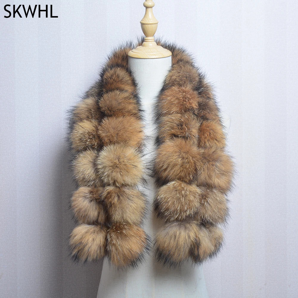 Fashionable and fluffy womens real raccoon fur scarf ious winter warm natural leather pancake 241210