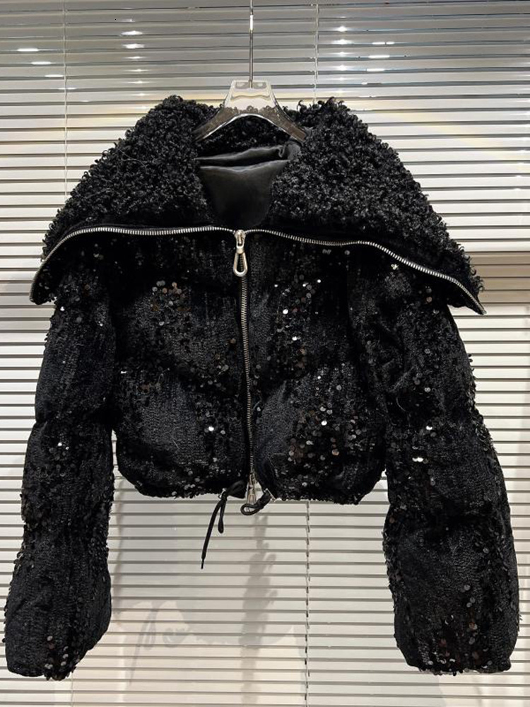 Winter New High-Quality Temperament Fashion Tweed Navy Collar Sequined Loose Long Sleeves Short Cotton Jacket 11P0430