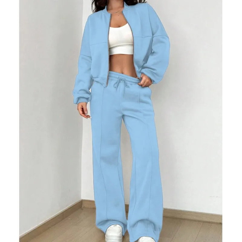 Grey Bomber Jacket Pant Women 2 Pieces Set Casual Long Sleeve Zipper Coat Solid Sweatshirt Trousers Suit Fall Sportwear y241203