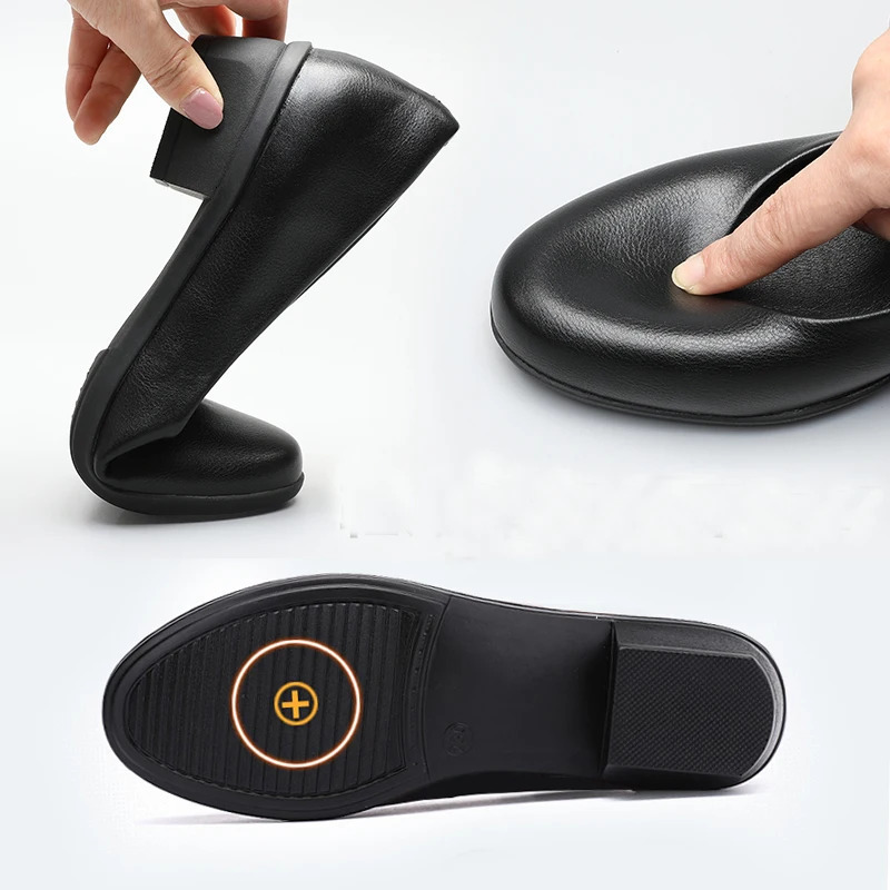 GKTINOO Black Leather Womens Work Shoes Pumps Thick Heels Round Head Shoes Soft Sole Professional Non-slip el Work Shoes 241213