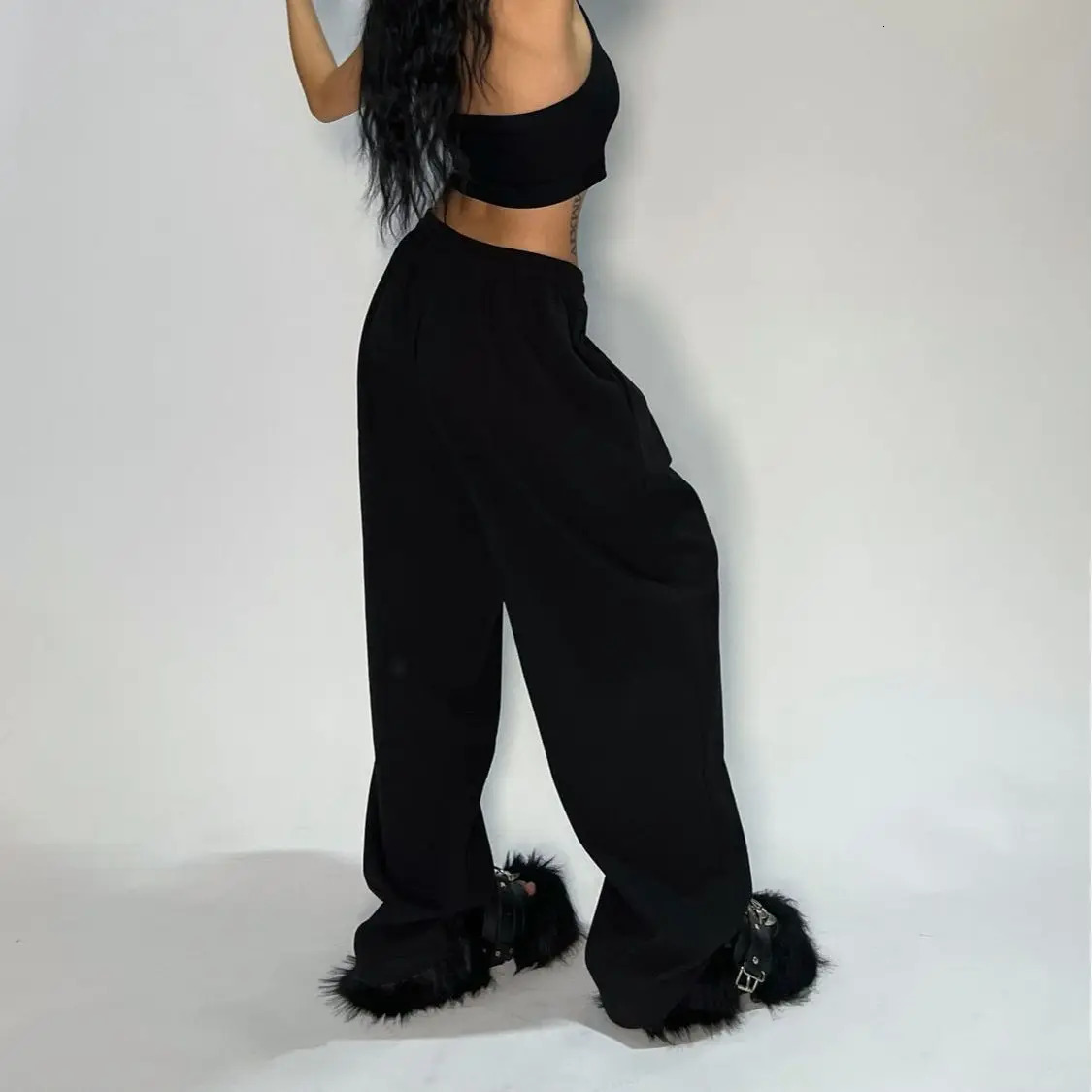 Y2K gray jogging pants for women hippie streetwear oversized sports loose straight wide legs Trouser Korean style 241212