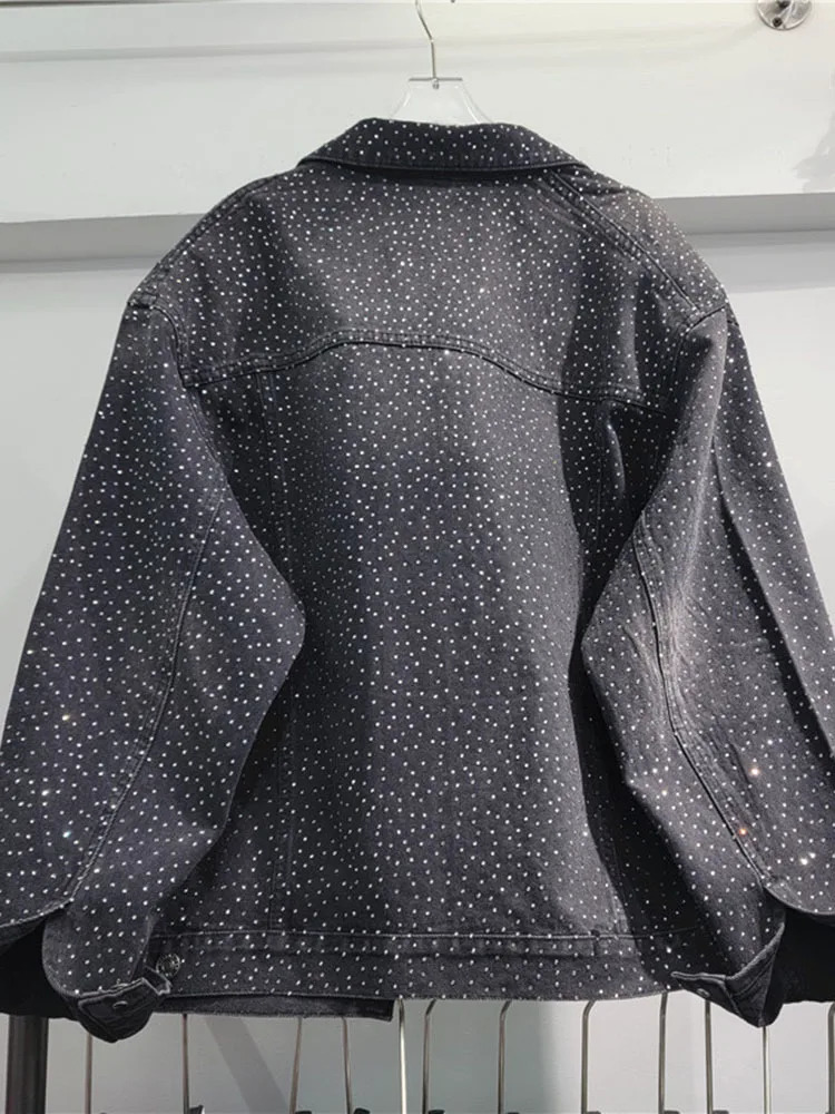 Korean black full set diamond denim womens jacket loose retro washed single bra 2024 spring U8797 241209