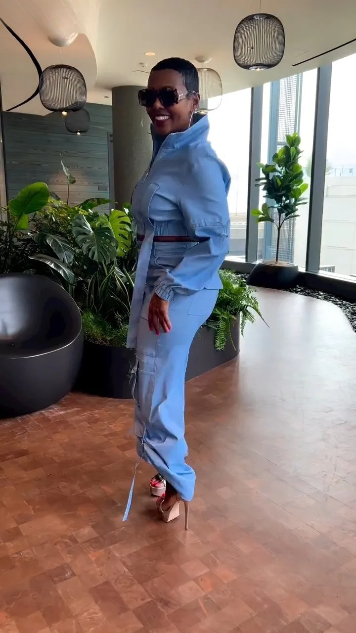 Fashion Women's Long Sleeve Zipper Fly Track And Tie Up Hem Pocket Side Cargo Pants Suit Two 2 Piece Set Outfit
