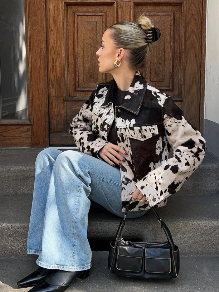 Fashion Comparison Printed Jacket Womens Retro Casual Collar Single Chest Long Sleeve Pocket Jacket Autumn Womens High Street Clothing 241214