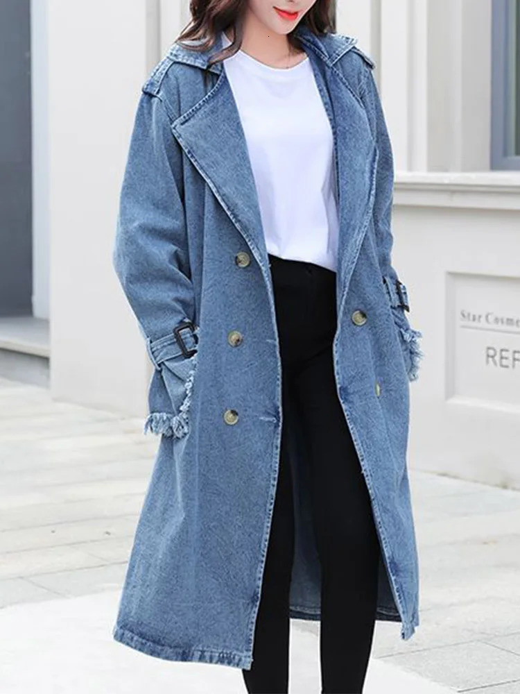 Fitaylors spring and autumn womens fashionable denim collar jacket double chest lace long retro solid color 241211