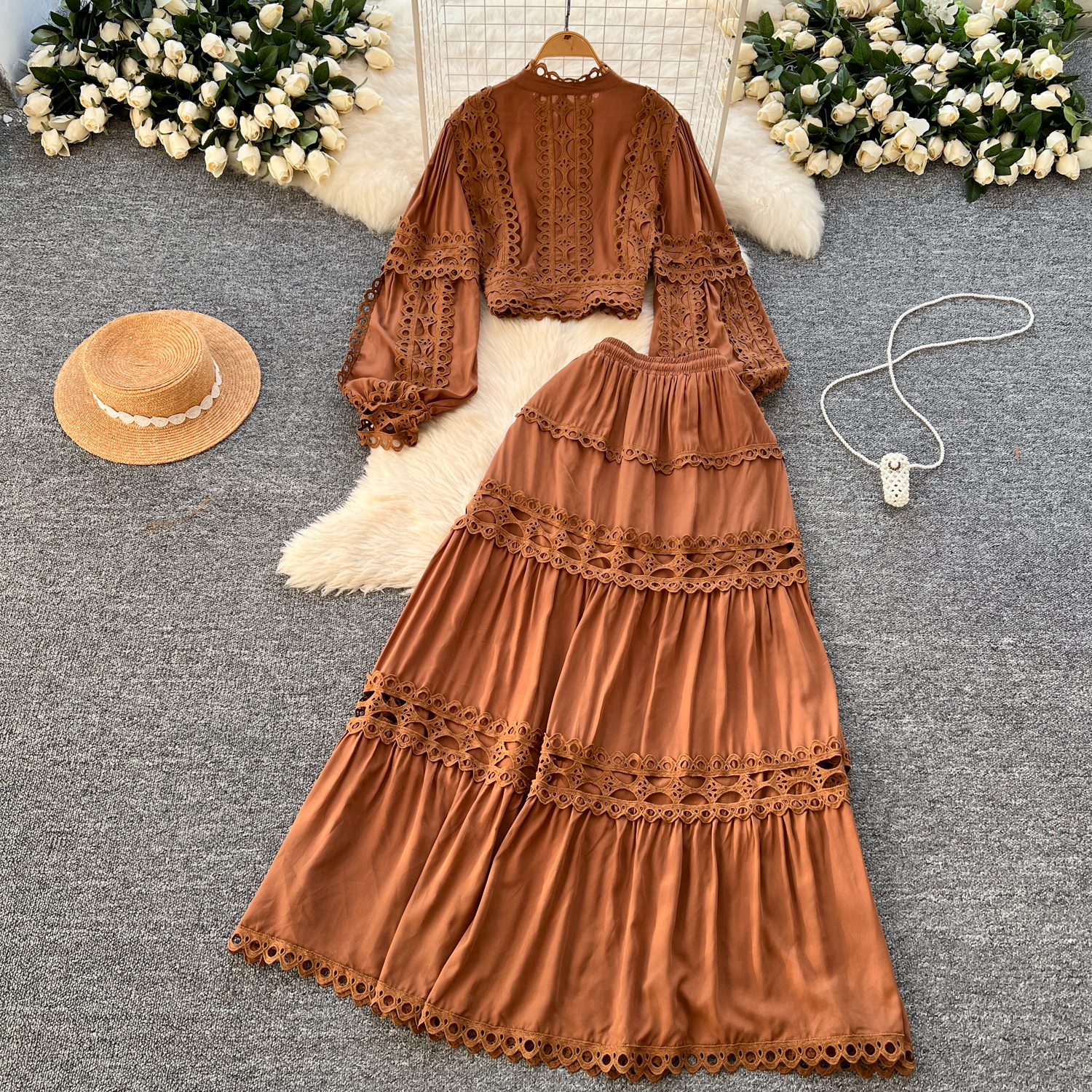 Two Piece Dress 2025 Spring Holiday Hollow Out Embroidery 2 Piece Sets Women Lantern Sleeve Short Loose Shirt Top A-Line Pleated Skirts Suit