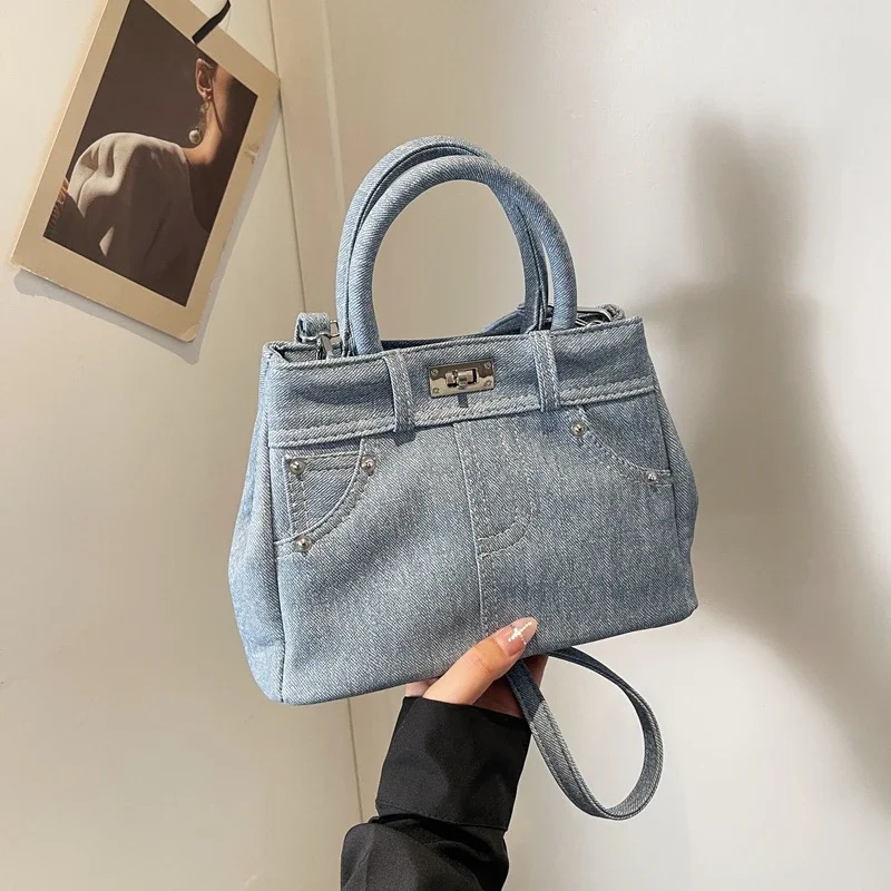 Fashion Denim Square Shoulder and Crossbody Bags Hasp Solid PU Simple Exquisite Handbags for Women Personality Trendy 241213
