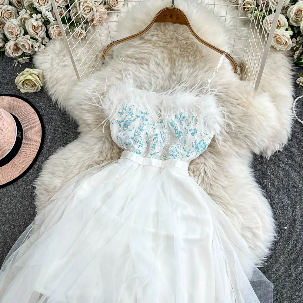 Casual Dresses Summer Dresses Christmas White Dress Women Spaghetti Strap Feathers Birthday Party Princess Vestidos De Noche Juveniles Sequins Dresses