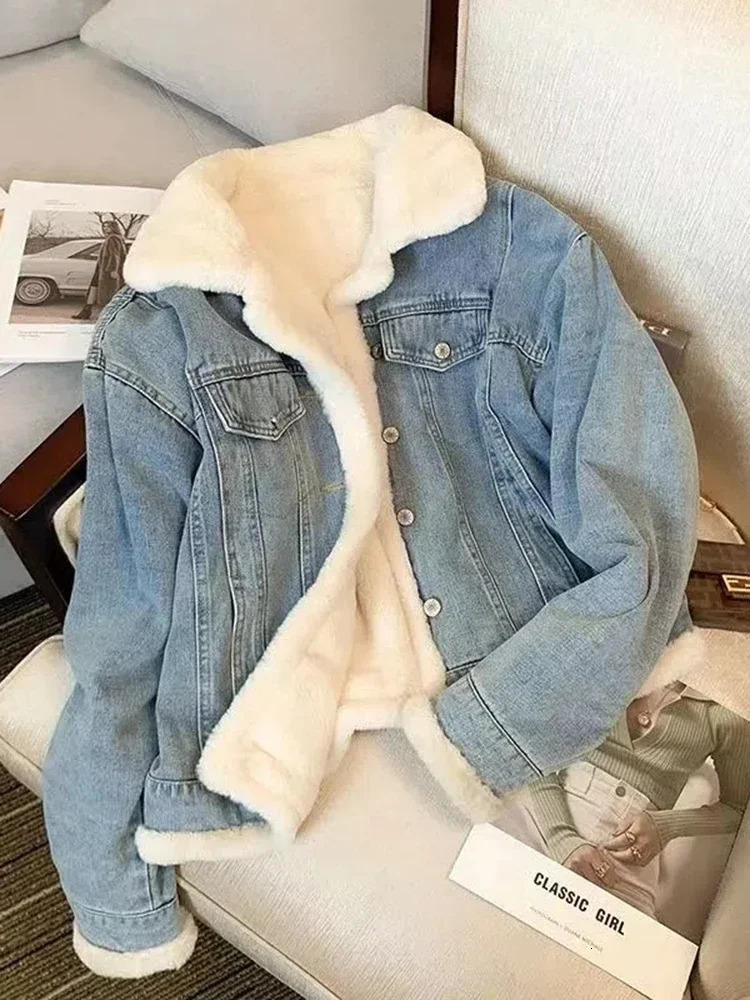 Winter wool thick denim jacket womens loose casual warm fur collar long sleeved clothing 241211