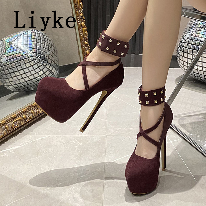 Liyke Runway Fashion Metal Rivets Ankle Strap Extreme High Heels For Women Wedding Party Stripper Shoes Platform Pumps Sandals
