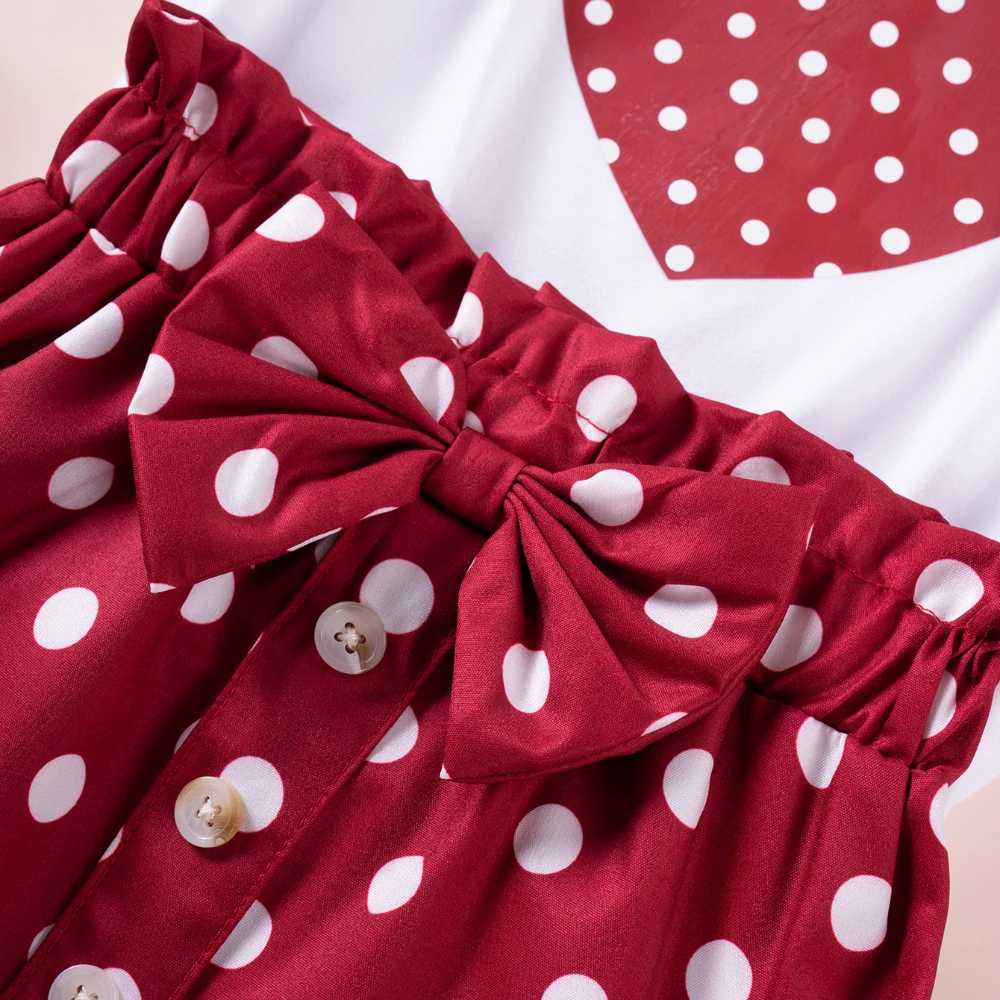 Clothing Sets Summer Girls Set Sweet Printed Clothing Cute Two Piece Love Fly Sleeve Top + Polka Dot Bow Skirt Soft and Smooth H241214