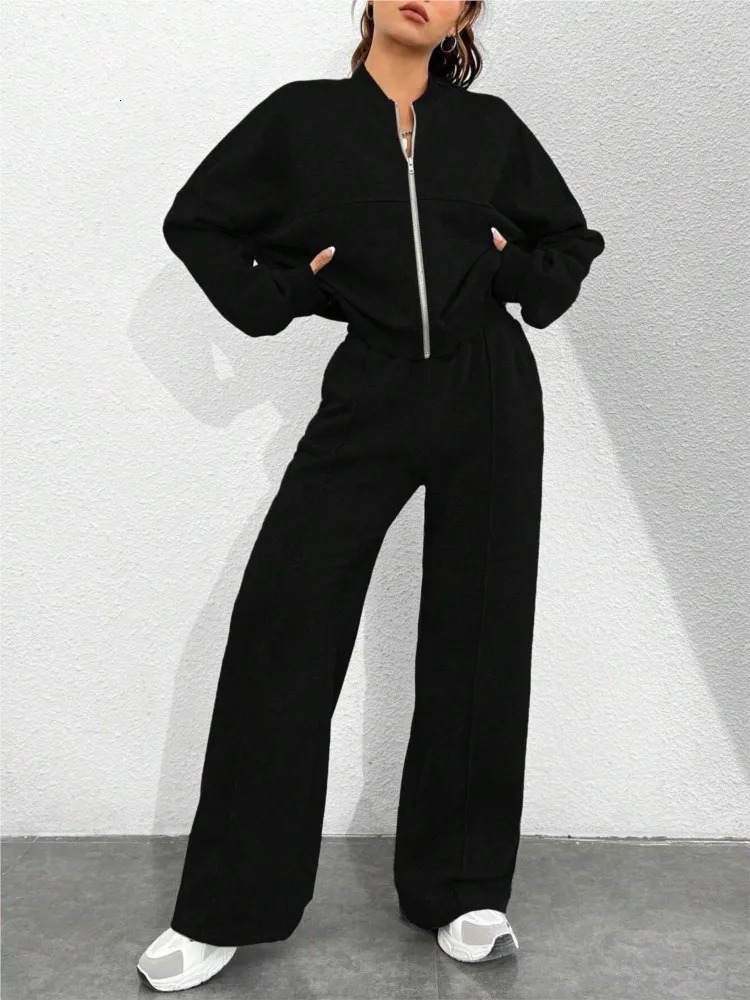 Fashion Long-sleeved Cardigan Zipper Top Wide-leg Pants 2-piece Set Women Autumn Elegant Solid Color Elastic Female Suit Y2K 241214