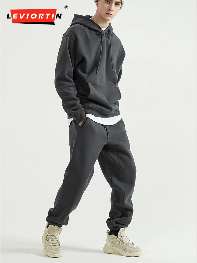 Autumn Winter Two Piece Set Men and Women Casual Fleece Warm Solid Oversized Hooded Tracksuit Long Sleeve Sport Hoodie Suit 241211