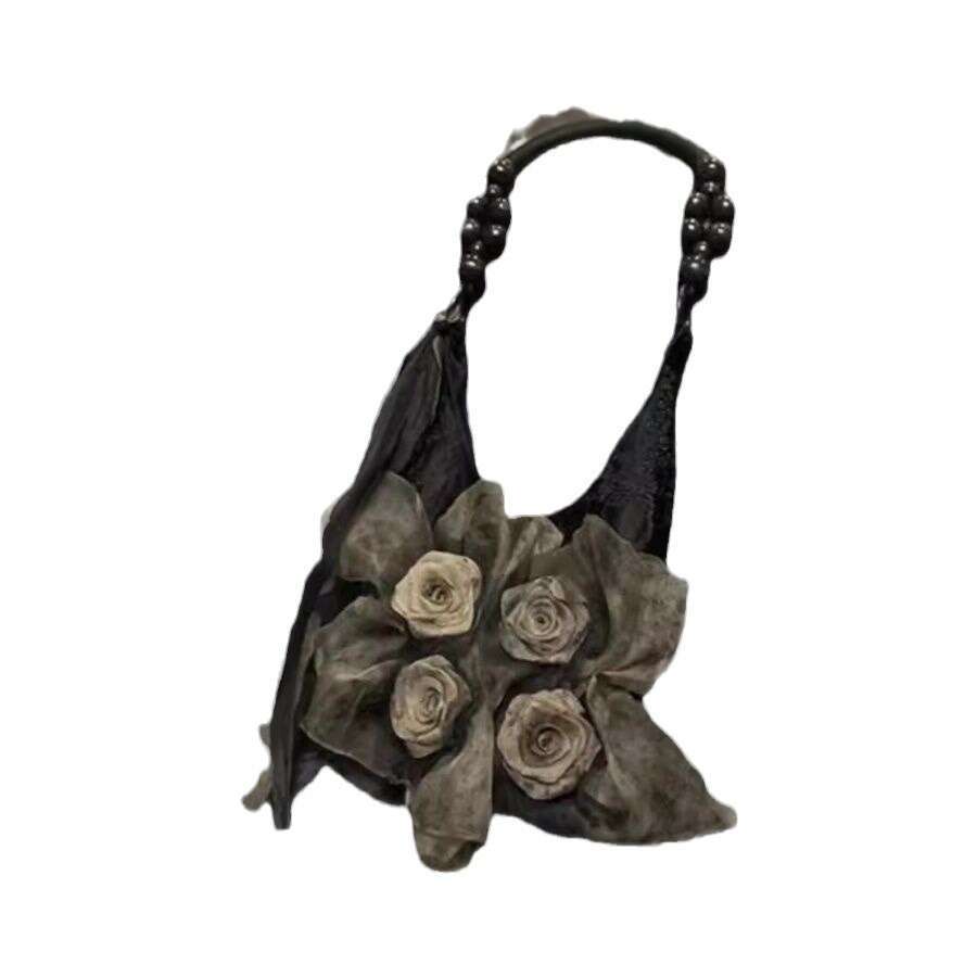 Chinese style grass and wood pad dyed rose flower bag pleated underarm commuting large capacity tote shoulder handbag