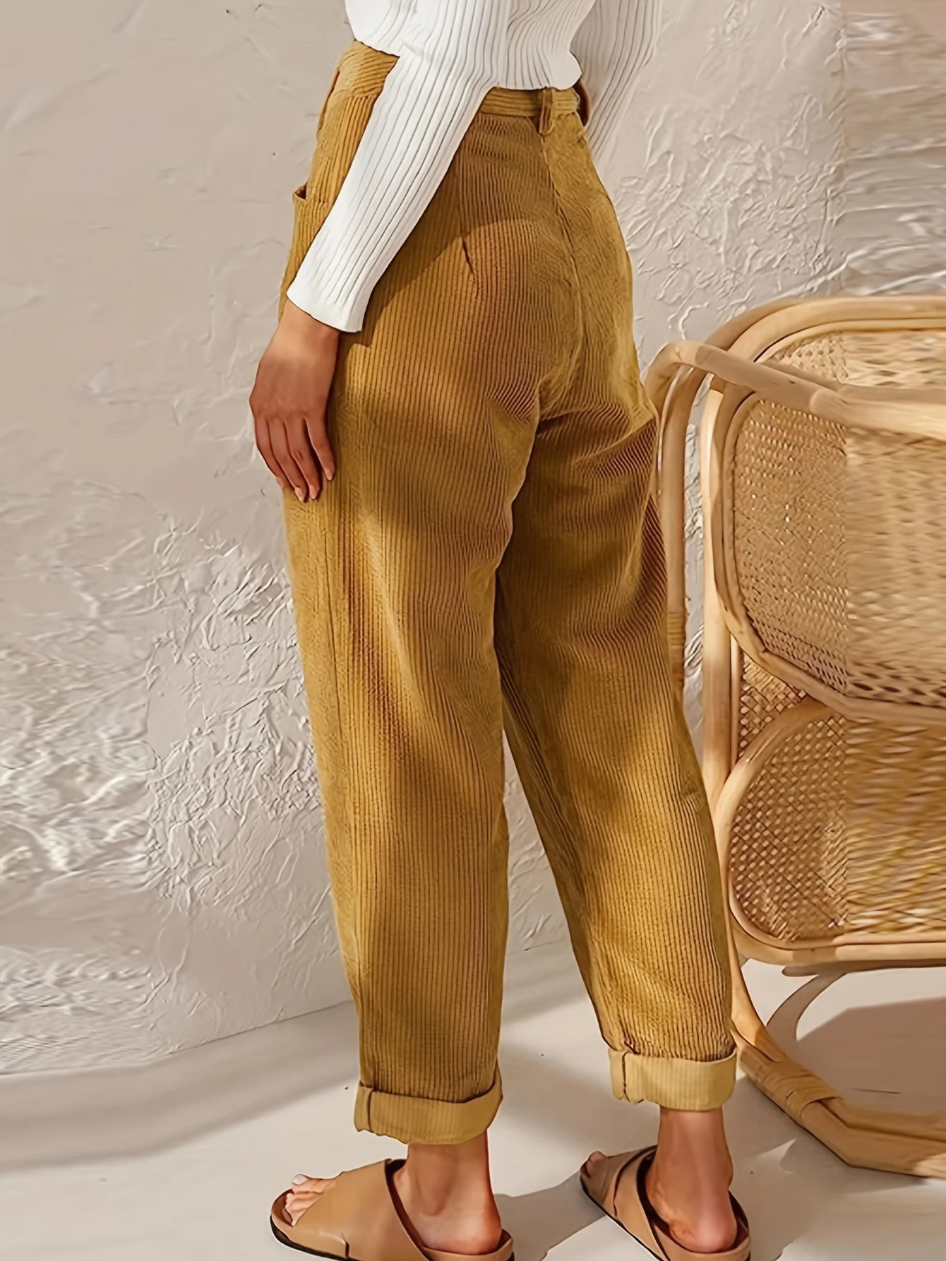 Corduroy High Waist Pants elegant double pocket pants spring and summer womens clothing 241212