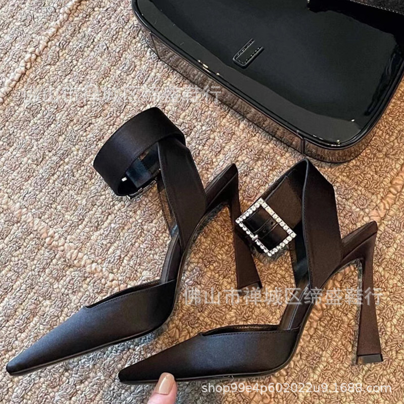 Spring Summer New Slim Toe Water Diamond Buckle Sandals For Women, With Satin Straps An Empty Square Toe, Shallow Mouth, And Elegant High Heels