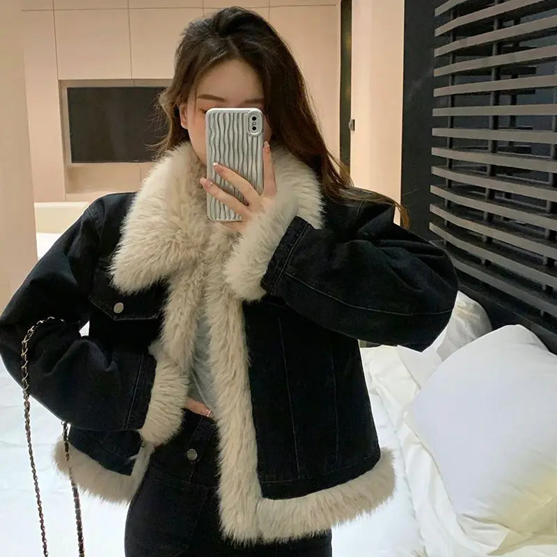 Y2k Aesthetics Black Denim Jacket Grunge Fairycore Jeans Fur Jacket 2000s Harajuku Winter Coat Patch Work Retro Korean Coat 241210