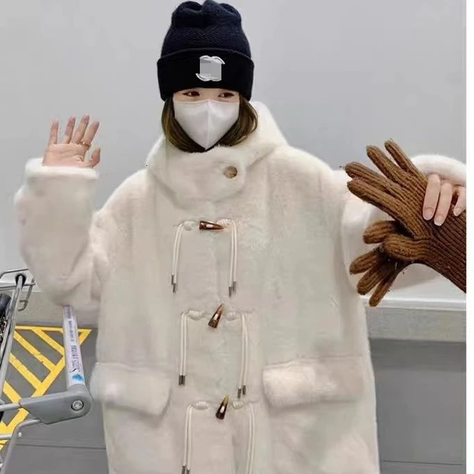 Winter Coat Hoodie Fashion Horn Button Environmental Protection Fur Women Clothing Thick Plush Loose Long Coats for 241211