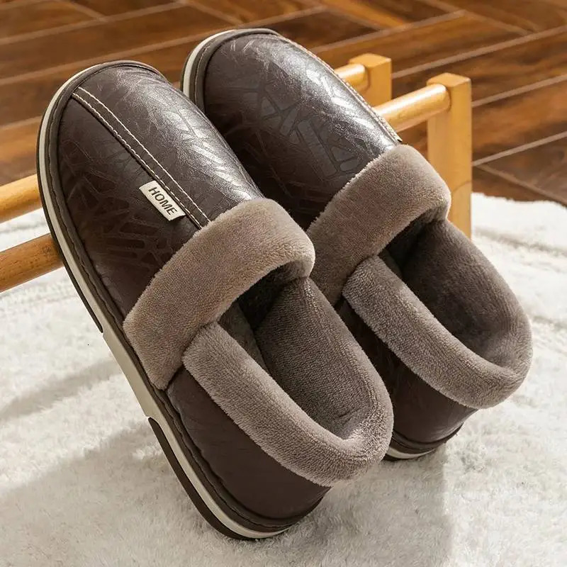 Mens Home Winter Slippers Warm Shoes Thick Bottom Plush Waterproof PU Leather Couples Cotton Flat Couple 241214
