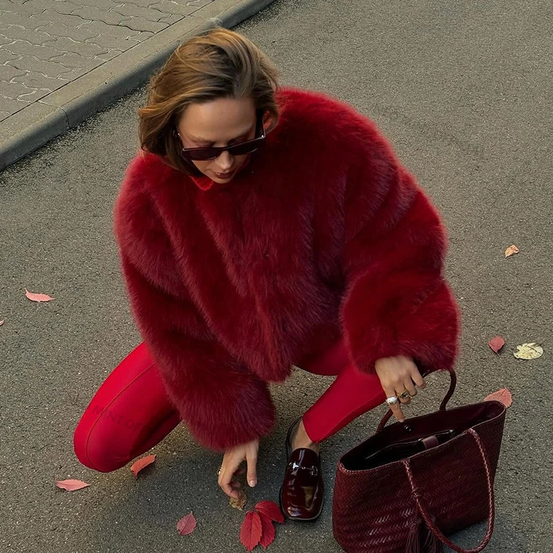 Neo Mint 2025 Ancora Red Christmas Year Fur Coat Women Cropped Faux Fox Jacket Chic Trendy Fluffy Furry Outerwear Female 241211