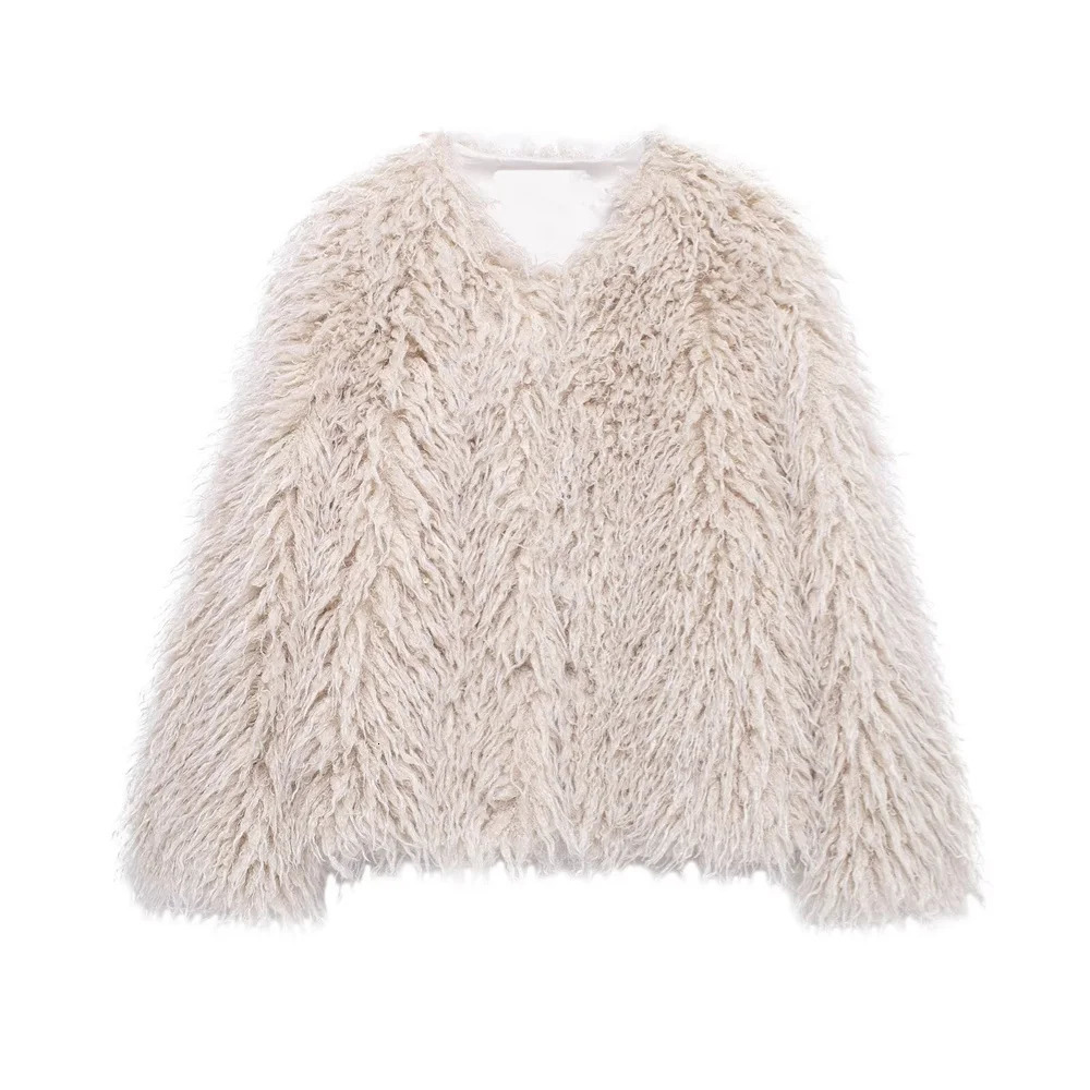 RARF loose faux fur effect round neck long sleeved short jacket for womens autumn and winter style 241211