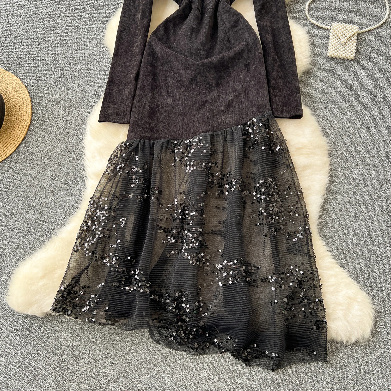 Basic Casual Dresses New French Chic Bodycon Dress Women Long Sleeve Party Dresses Sequins O Neck Mesh Patchwork Evening Vestidos with Zipper Dropship