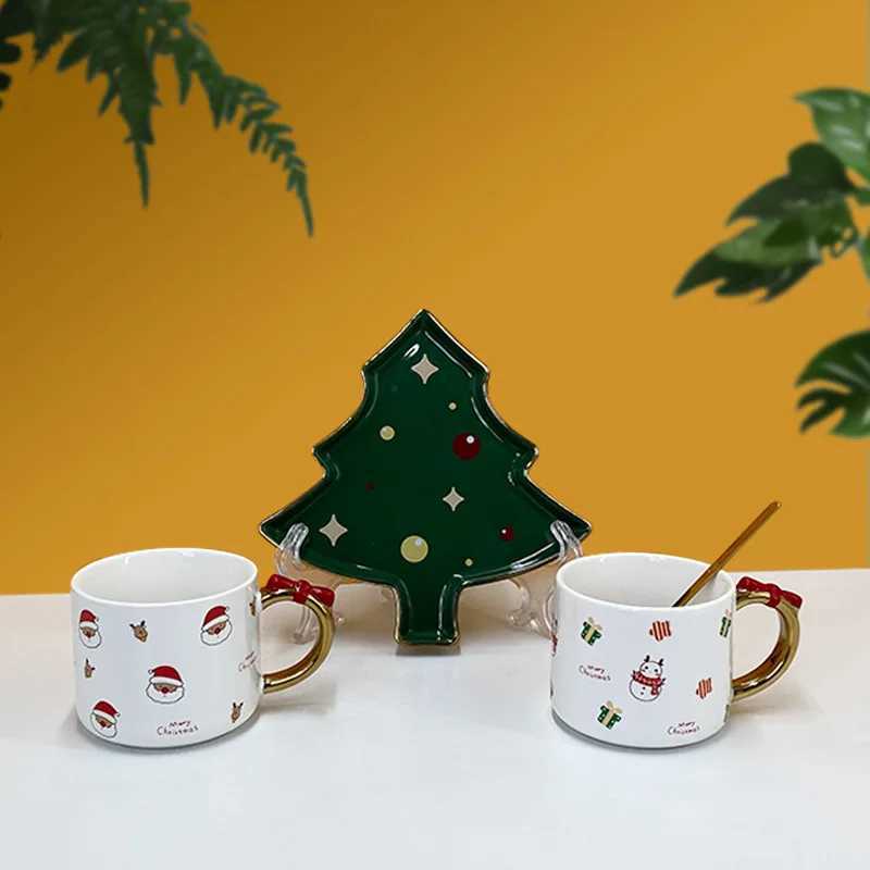 Christmas tree shaped ceramic coffee cup and sauce creative bow handle Mti posture gingerbread mens patterned beverage Y241214
