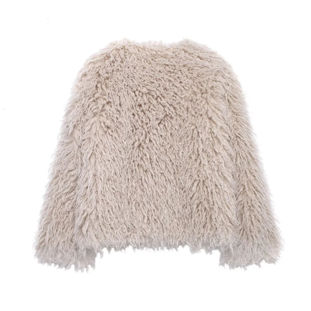 RARF loose faux fur effect round neck long sleeved short jacket for womens autumn and winter style 241211