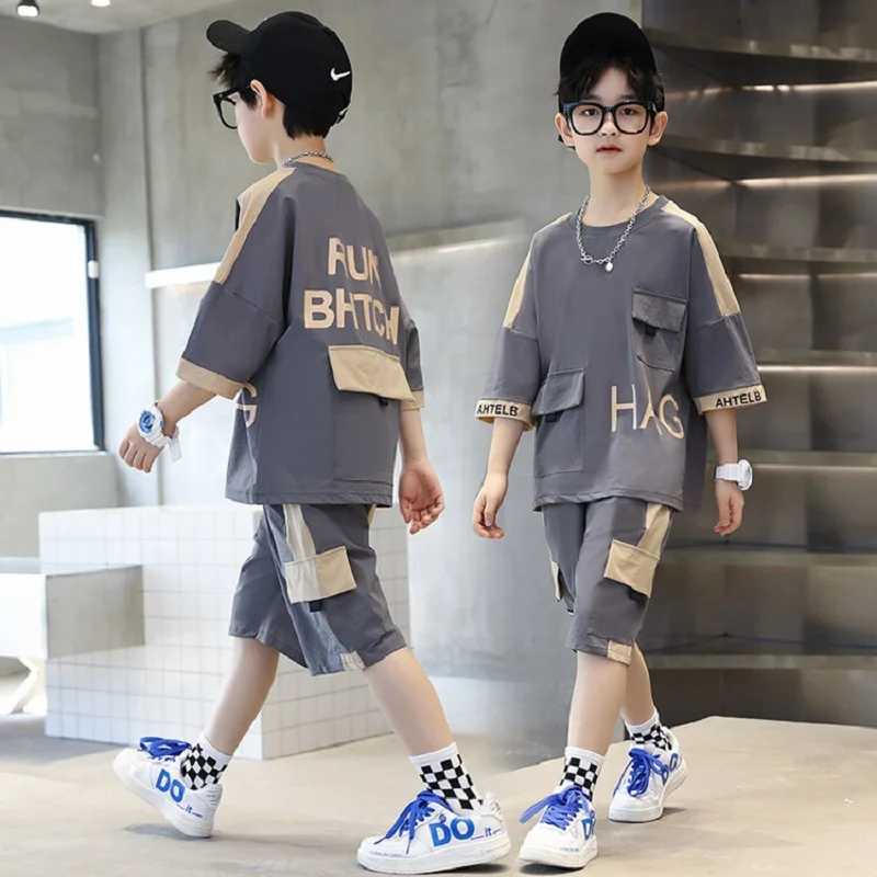 Clothing Sets Summer Teenage Boy Short Sleeve Clothes Set Children Letter Print Top and Bottom 2 Pieces Suit Kid T-shirts Shorts Tracksuit H241214