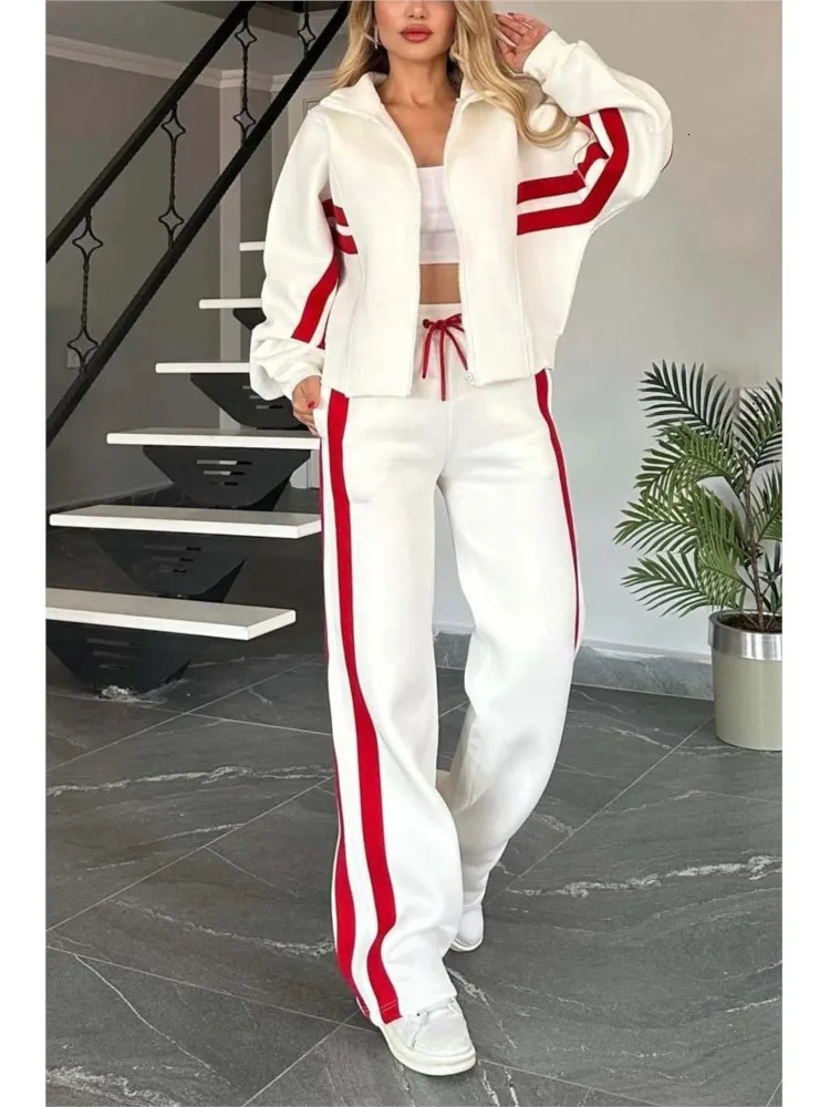 Autumn Winter Womens Hoodie Y2k Zipper Loose Jacket Coat And High Waist Side Striped Sports Pants Set 241214